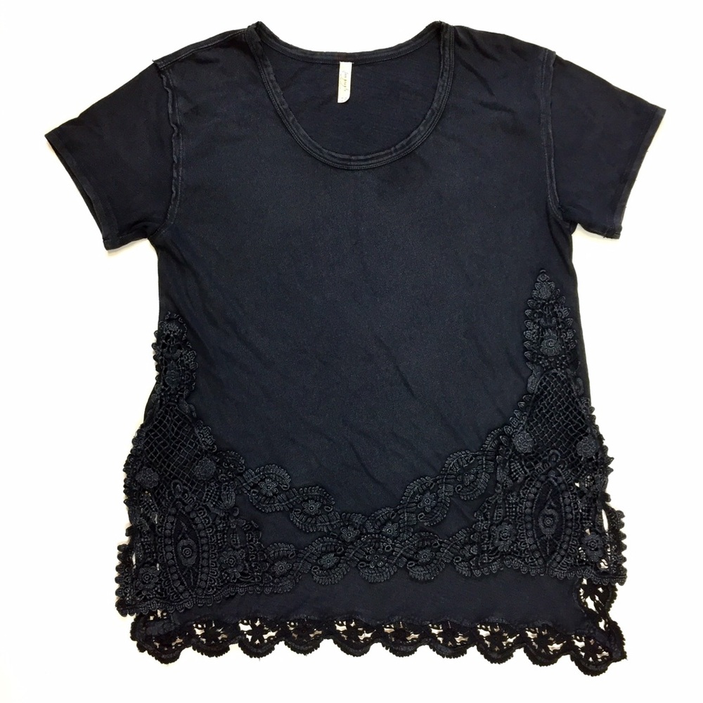 FP Solid Black Distressed Crochet Lace T-Shirt S
